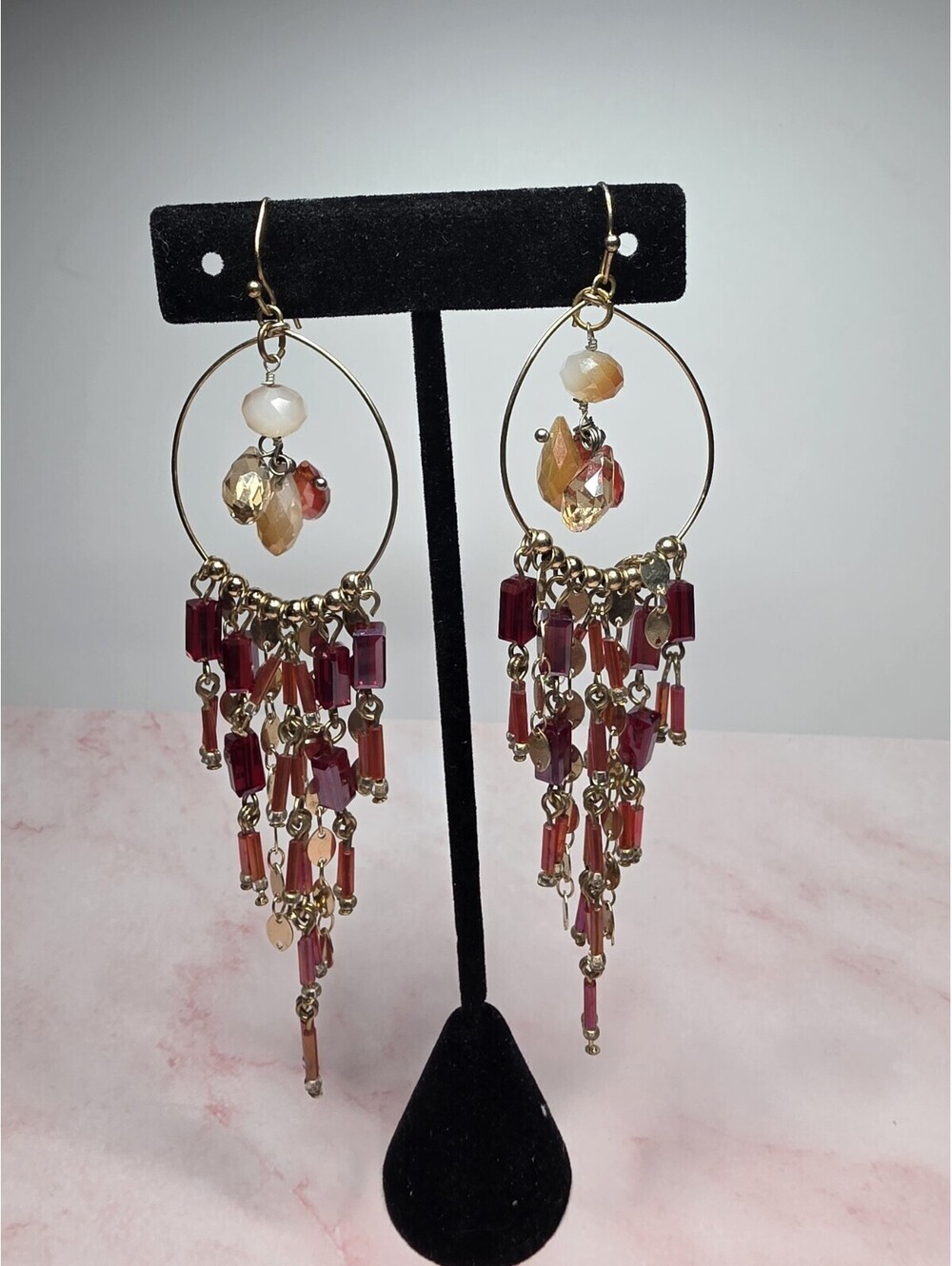 Boho Gold Tone Hoop Chandelier Earrings Red Crystal Bead Tassel Dangle